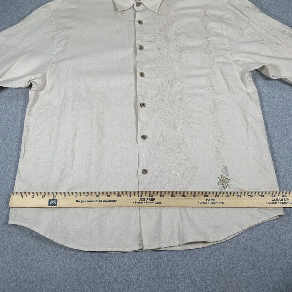 Bamboo Cay Button Down Shirt Mens XL Cream Linen Cotton Floral Embroidered